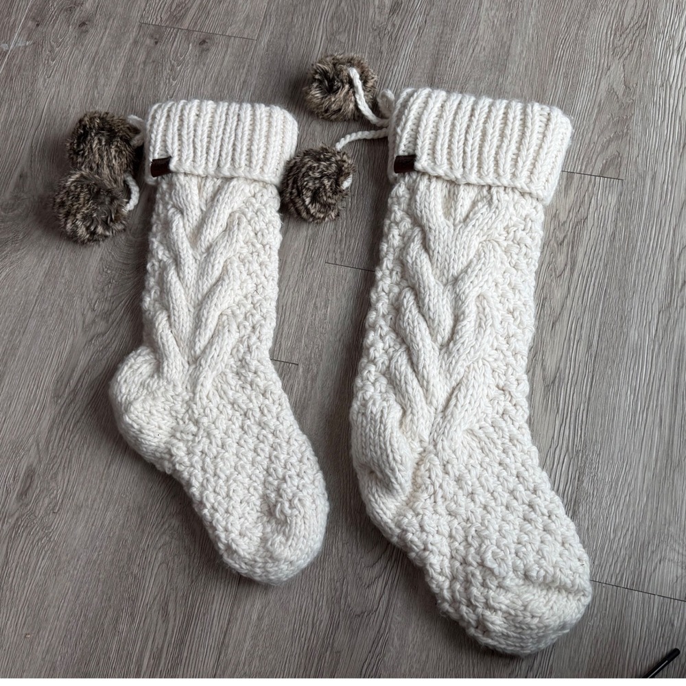 UGG Home Cable Knit Christmas Stocking Set of 2 Ivory White Faux Fur Pom Poms
